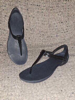 CROCS-Isabella Sandals Black T Strap Jelly Thong Slingback-Sz 6-Excellent